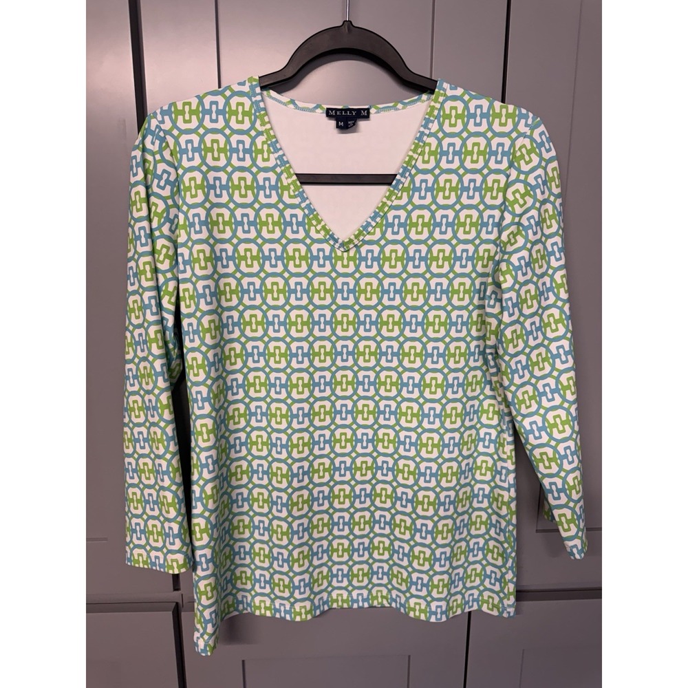 Melly M‎ Women Green Blue Geometric Link Print V-Neck 3/4 Sleeve Top Size M